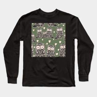 Folk Art Owls, Owlets and Hearts on Green Long Sleeve T-Shirt